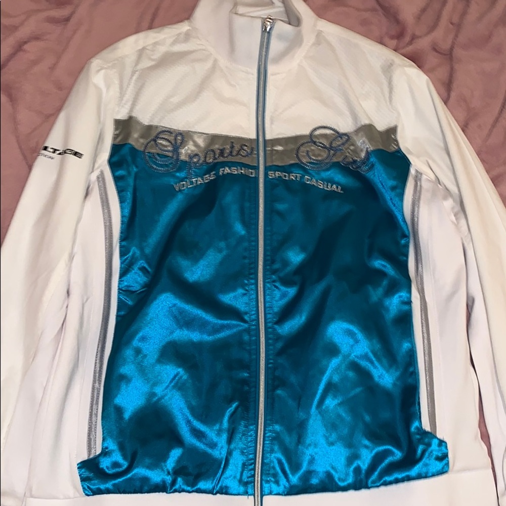 White and blue mesh and cotton hoodie
